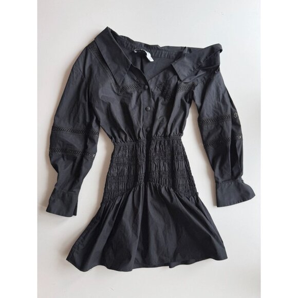 SELF PORTRAIT Black One Shoulder Cotton Poplin Ruched Crochet Trim Dress, Size 0 - Picture 3 of 11